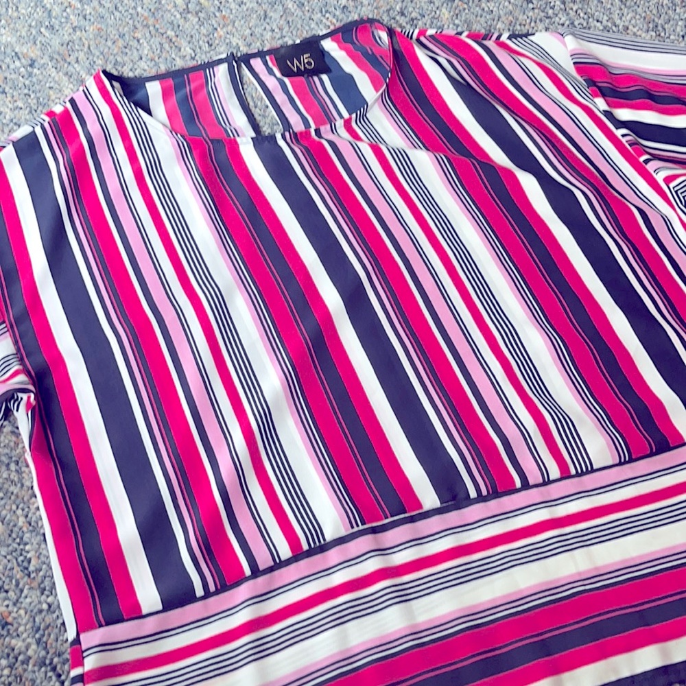 Bright and light pink, with dark purple stripes